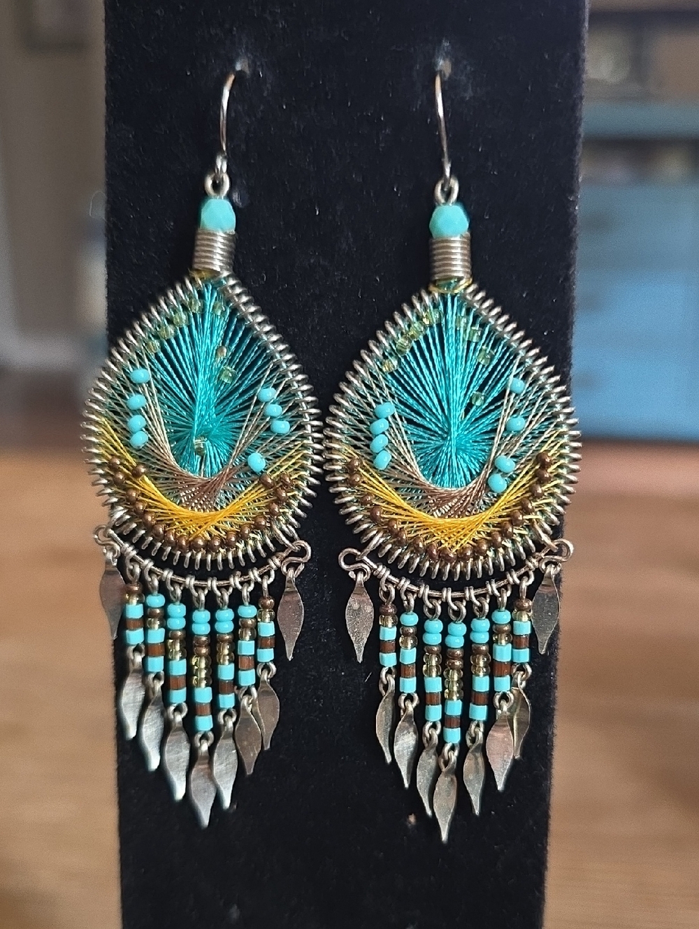 Turquoise & Gold Threaded Teardrop Fringe Earrings - Women Jewelry